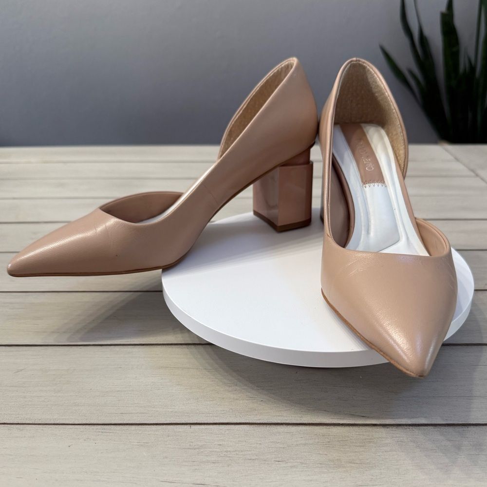 Franco Sarto Lucy D’orsay Block Heel Pump, Sand Beige Leather, Size 6